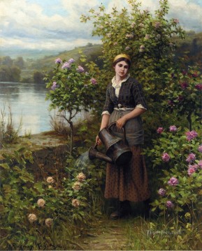 Watering the Garden countrywoman Daniel Ridgway Knight Impressionism Flowers Oil Paintings